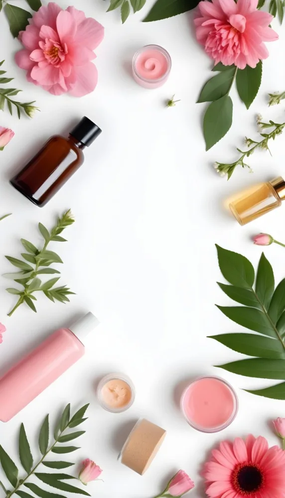 A Flat Lay Arrangement Of Various Natural Beauty And Skincare Products Including A Glass Bottle A Pink Cosmetic Bottle And Fresh Flowers And Leaves On A White Background 23 B521