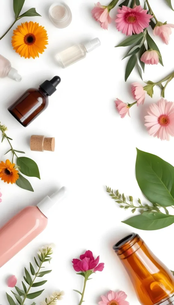 A Flat Lay Arrangement Of Various Natural Beauty And Skincare Products Including A Glass Bottle A Pink Cosmetic Bottle And Fresh Flowers And Leaves On A White Background 24 F9cc