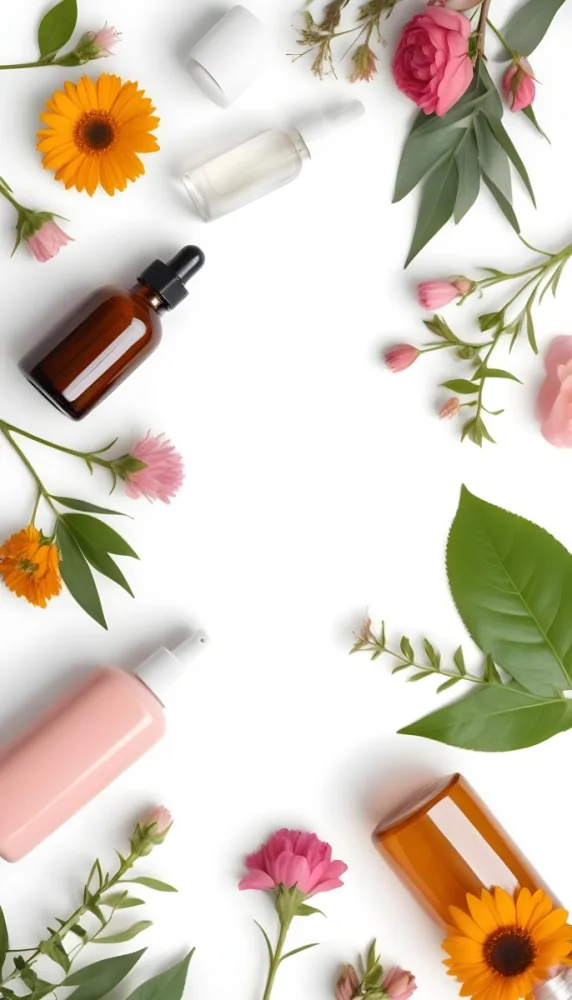 A Flat Lay Arrangement Of Various Natural Beauty And Skincare Products Including A Glass Bottle A Pink Cosmetic Bottle And Fresh Flowers And Leaves On A White Background 25 47f7