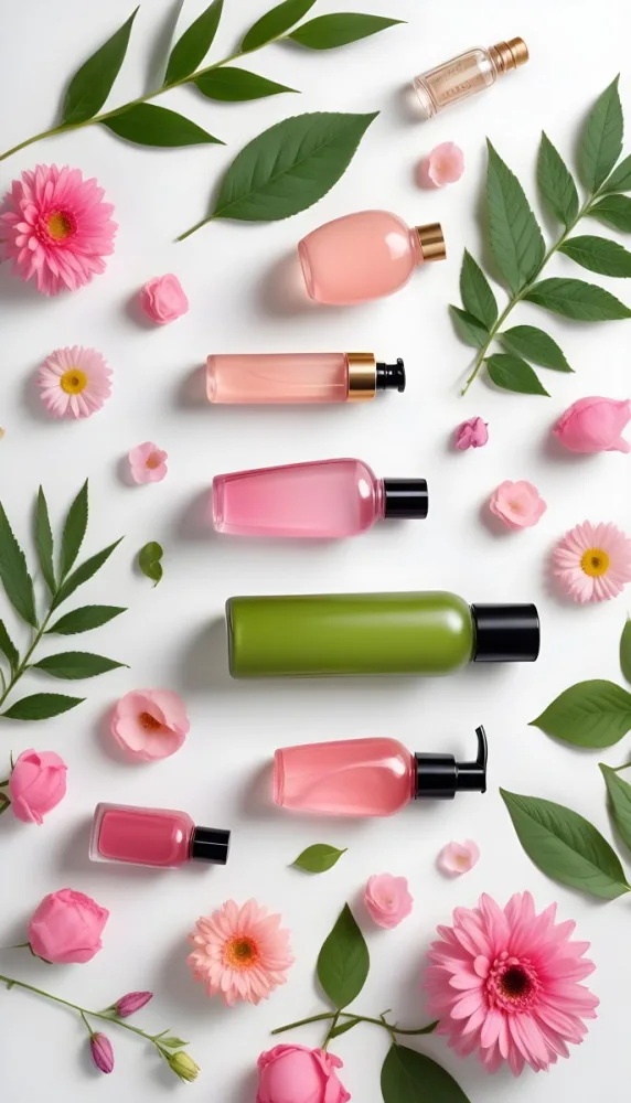 A Flat Lay Arrangement Of Various Natural Beauty And Skincare Products Including A Glass Bottle A Pink Cosmetic Bottle And Fresh Flowers And Leaves On A White Background 27 Cc64