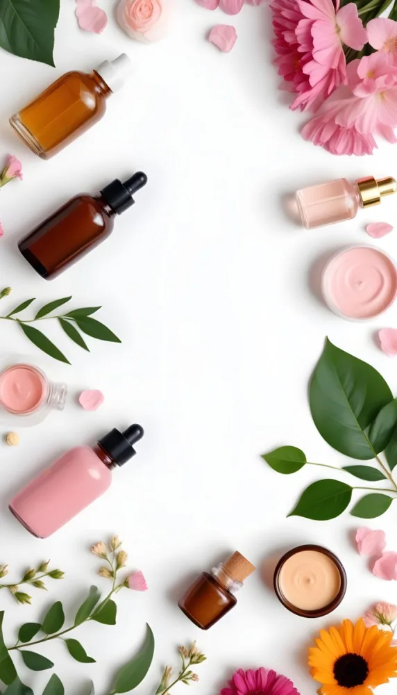 A Flat Lay Arrangement Of Various Natural Beauty And Skincare Products Including A Glass Bottle A Pink Cosmetic Bottle And Fresh Flowers And Leaves On A White Background 3 468b