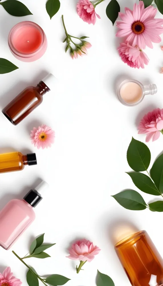 A Flat Lay Arrangement Of Various Natural Beauty And Skincare Products Including A Glass Bottle A Pink Cosmetic Bottle And Fresh Flowers And Leaves On A White Background 4 7fca