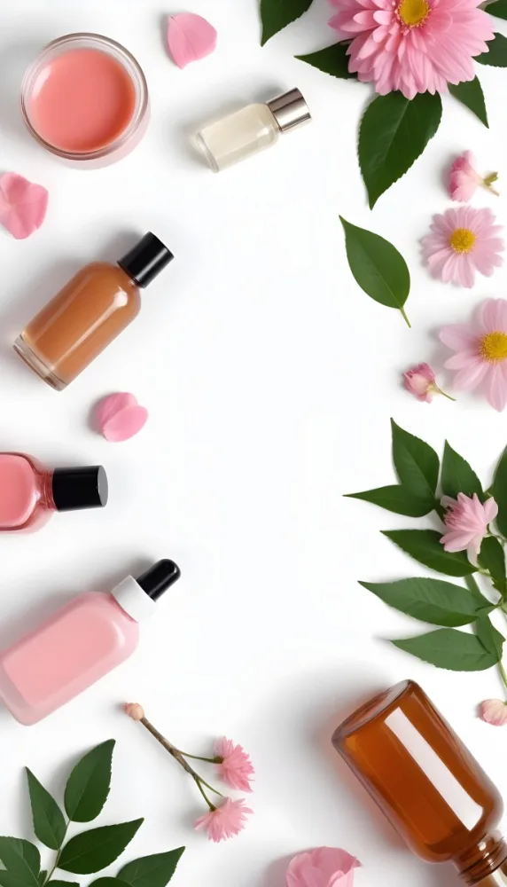 A Flat Lay Arrangement Of Various Natural Beauty And Skincare Products Including A Glass Bottle A Pink Cosmetic Bottle And Fresh Flowers And Leaves On A White Background 6