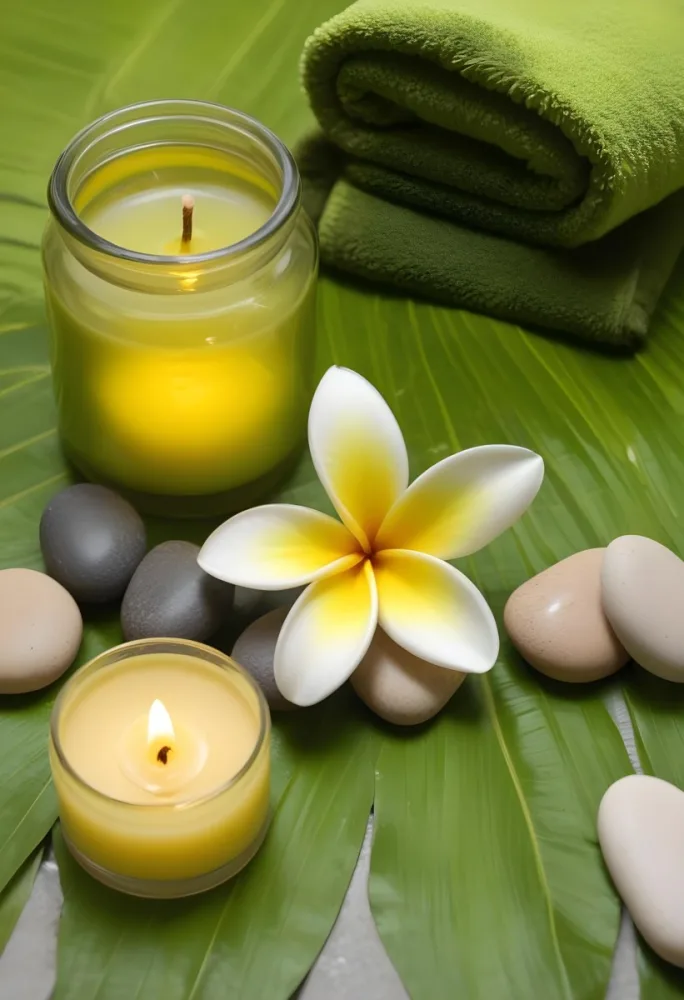 A Frangipani Flower A Candle Stones And A Jar Of Oil On A Green Leaf Background With A Green Towel In The Upper Right Corner 1 26f8