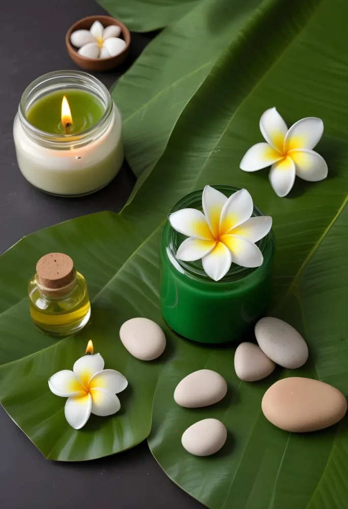 A Frangipani Flower A Candle Stones And A Jar Of Oil On A Green Leaf Background With A Green Towel In The Upper Right Corner 17 306a