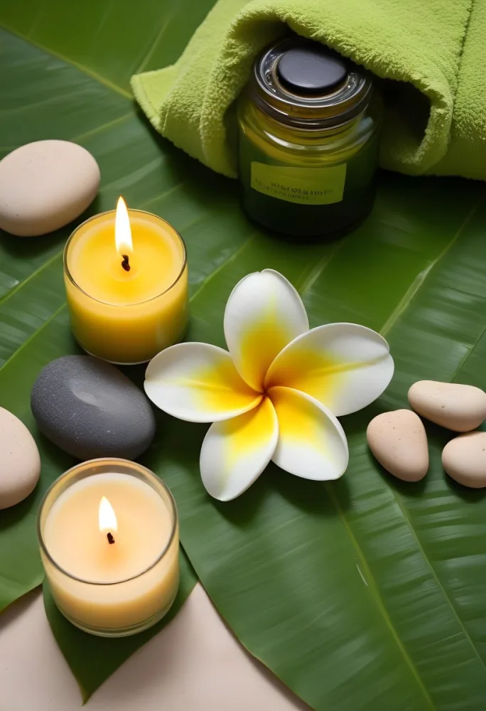 A Frangipani Flower A Candle Stones And A Jar Of Oil On A Green Leaf Background With A Green Towel In The Upper Right Corner 18 1bfb