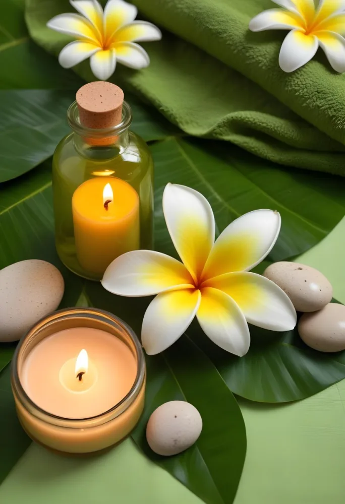 A Frangipani Flower A Candle Stones And A Jar Of Oil On A Green Leaf Background With A Green Towel In The Upper Right Corner 19 7a94