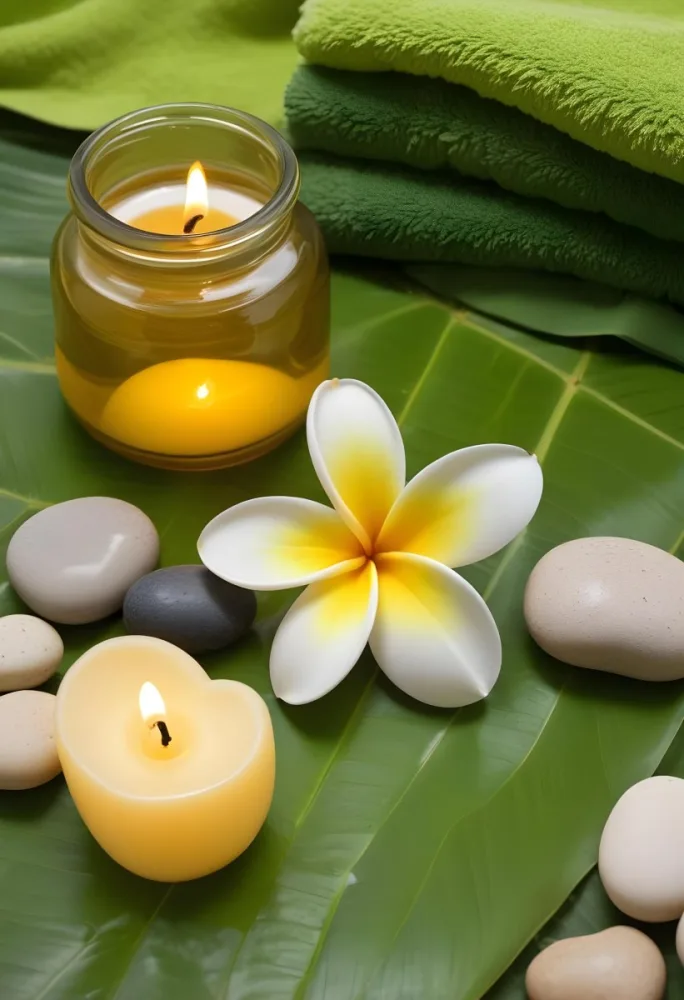 A Frangipani Flower A Candle Stones And A Jar Of Oil On A Green Leaf Background With A Green Towel In The Upper Right Corner 2 3f5f