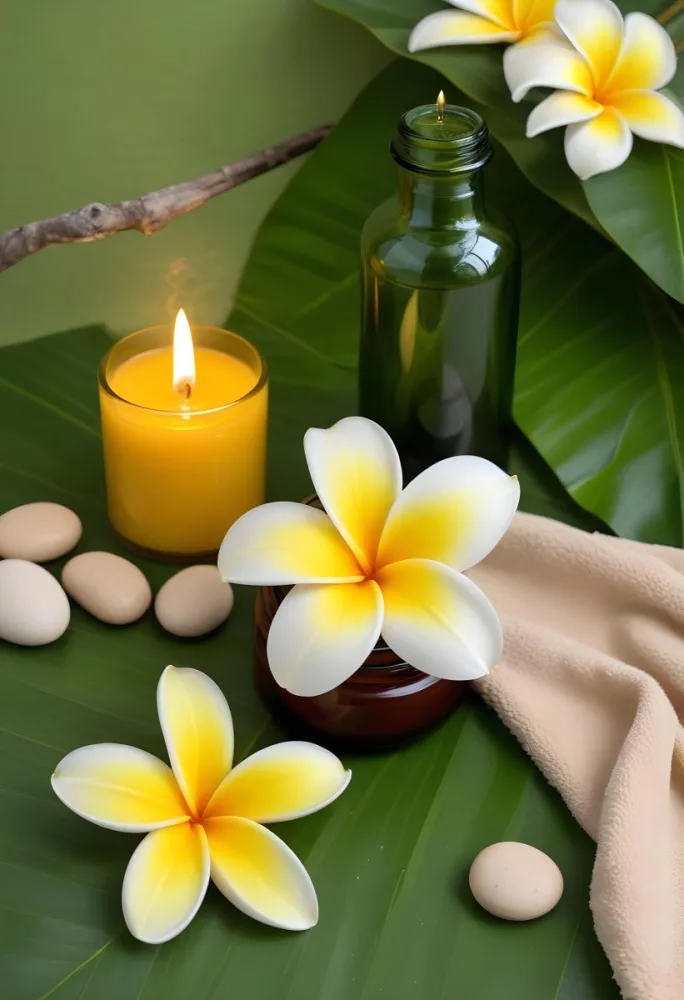 A Frangipani Flower A Candle Stones And A Jar Of Oil On A Green Leaf Background With A Green Towel In The Upper Right Corner 21 Dd74