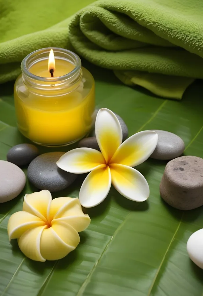 A Frangipani Flower A Candle Stones And A Jar Of Oil On A Green Leaf Background With A Green Towel In The Upper Right Corner 25 F59d