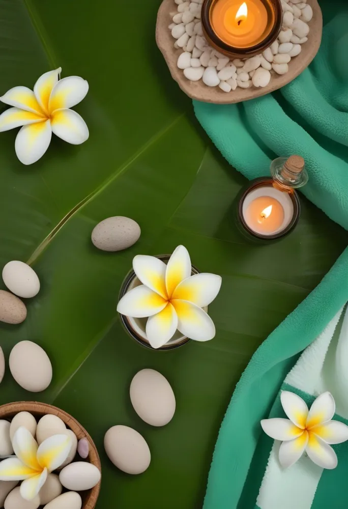 A Frangipani Flower A Candle Stones And A Jar Of Oil On A Green Leaf Background With A Green Towel In The Upper Right Corner 27 0be1
