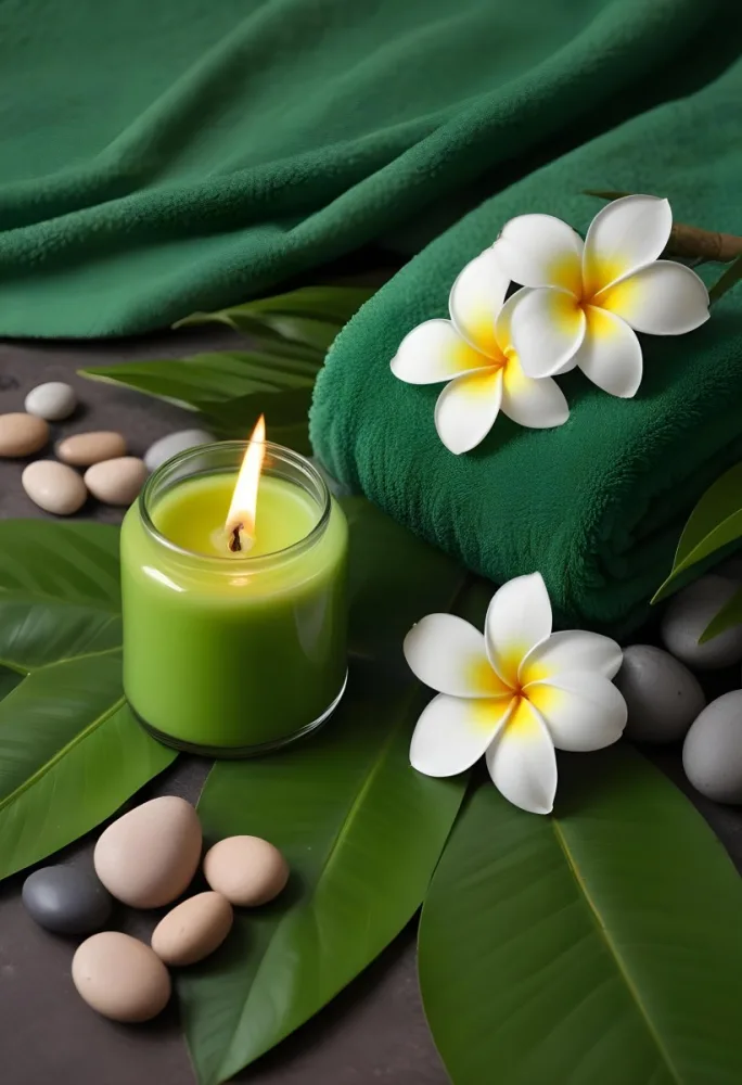 A Frangipani Flower A Candle Stones And A Jar Of Oil On A Green Leaf Background With A Green Towel In The Upper Right Corner 29 5ed6