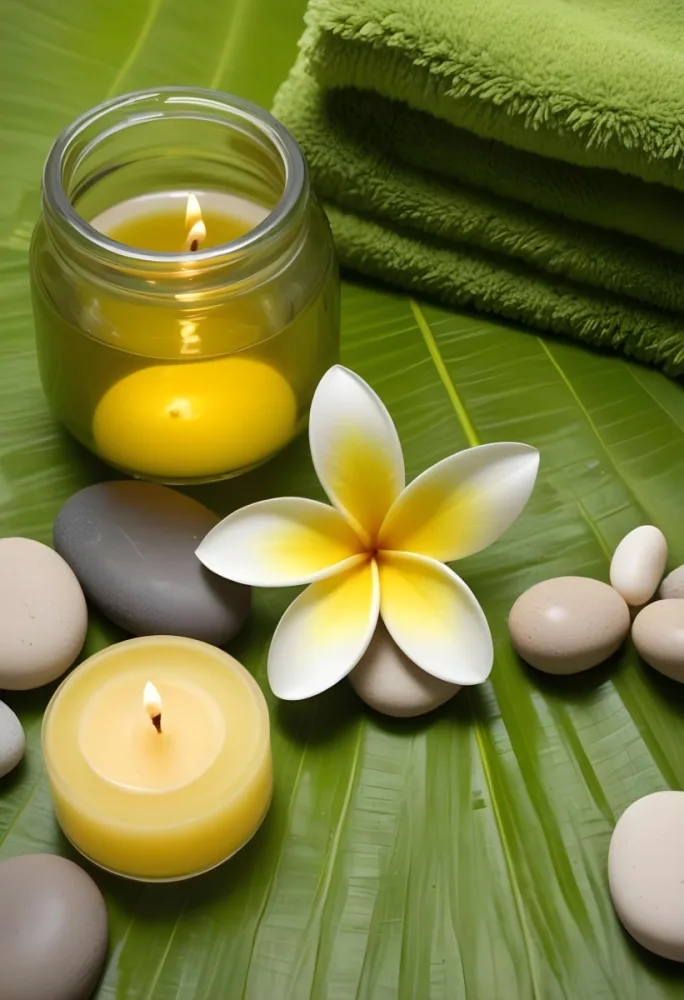 A Frangipani Flower A Candle Stones And A Jar Of Oil On A Green Leaf Background With A Green Towel In The Upper Right Corner 4 62b6