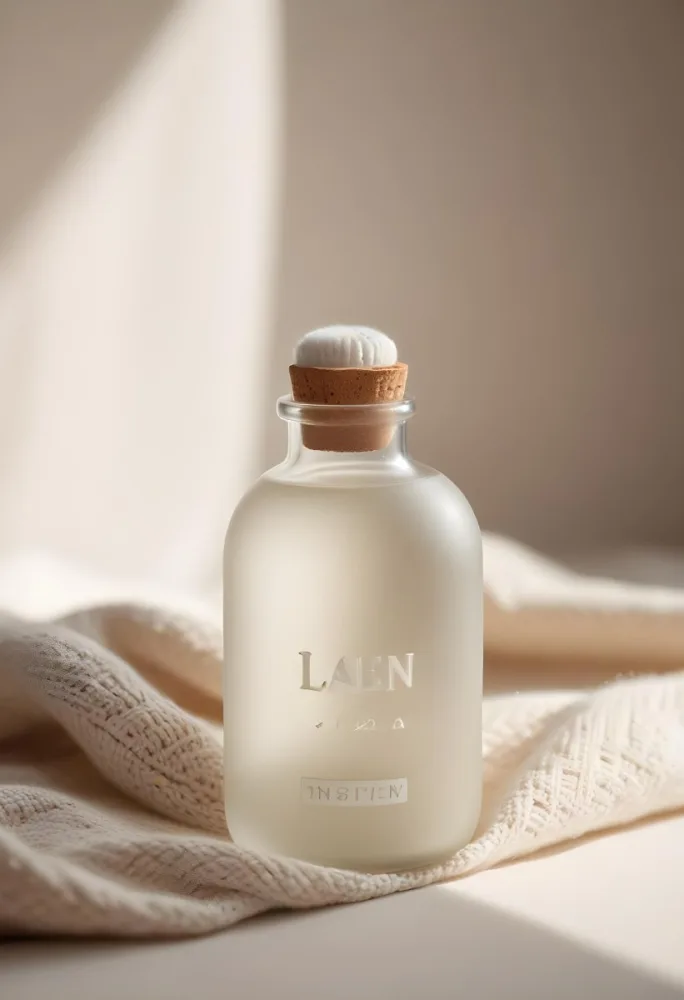 A Frosted Glass Bottle With A Glass Cap Labeled Linen Sitting On A White Knitted Fabric Soft Lighting Minimalist Aesthetic Neutral Color Palette Blurred Background 12 3303