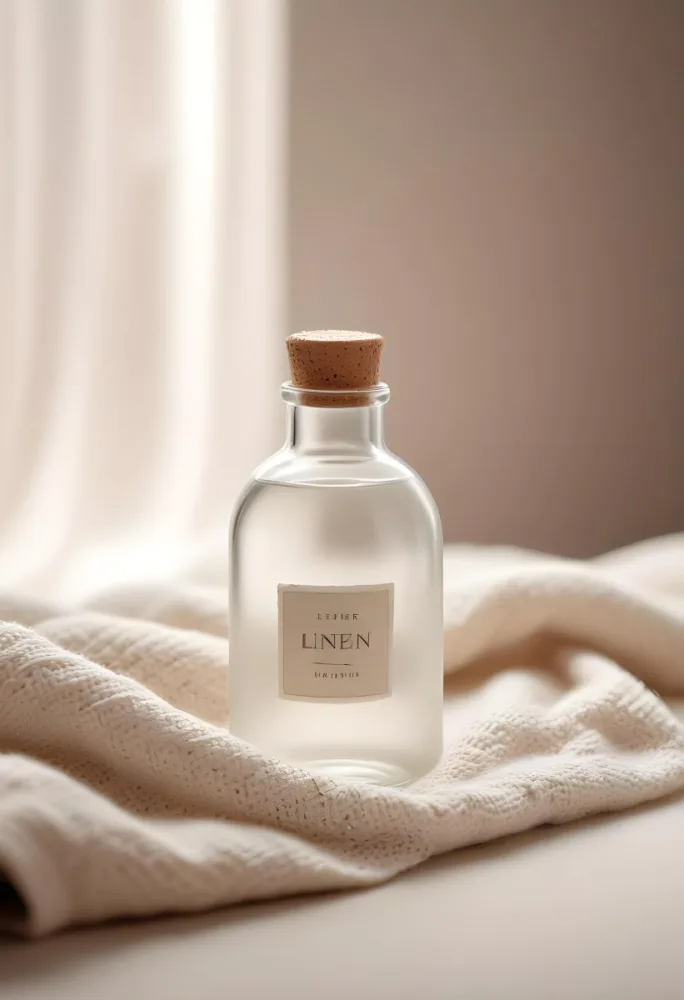 A Frosted Glass Bottle With A Glass Cap Labeled Linen Sitting On A White Knitted Fabric Soft Lighting Minimalist Aesthetic Neutral Color Palette Blurred Background 15 7bef
