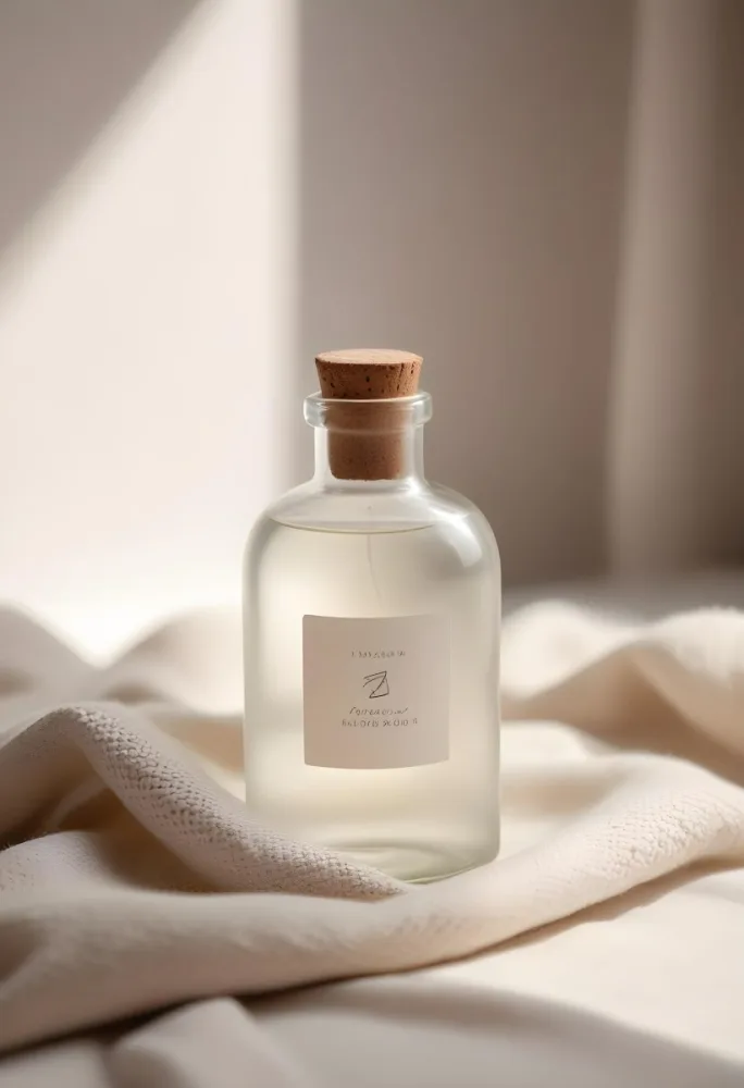A Frosted Glass Bottle With A Glass Cap Labeled Linen Sitting On A White Knitted Fabric Soft Lighting Minimalist Aesthetic Neutral Color Palette Blurred Background 16 0ba0
