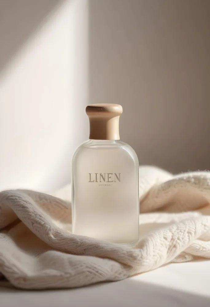 A Frosted Glass Bottle With A Glass Cap Labeled Linen Sitting On A White Knitted Fabric Soft Lighting Minimalist Aesthetic Neutral Color Palette Blurred Background 17 980b