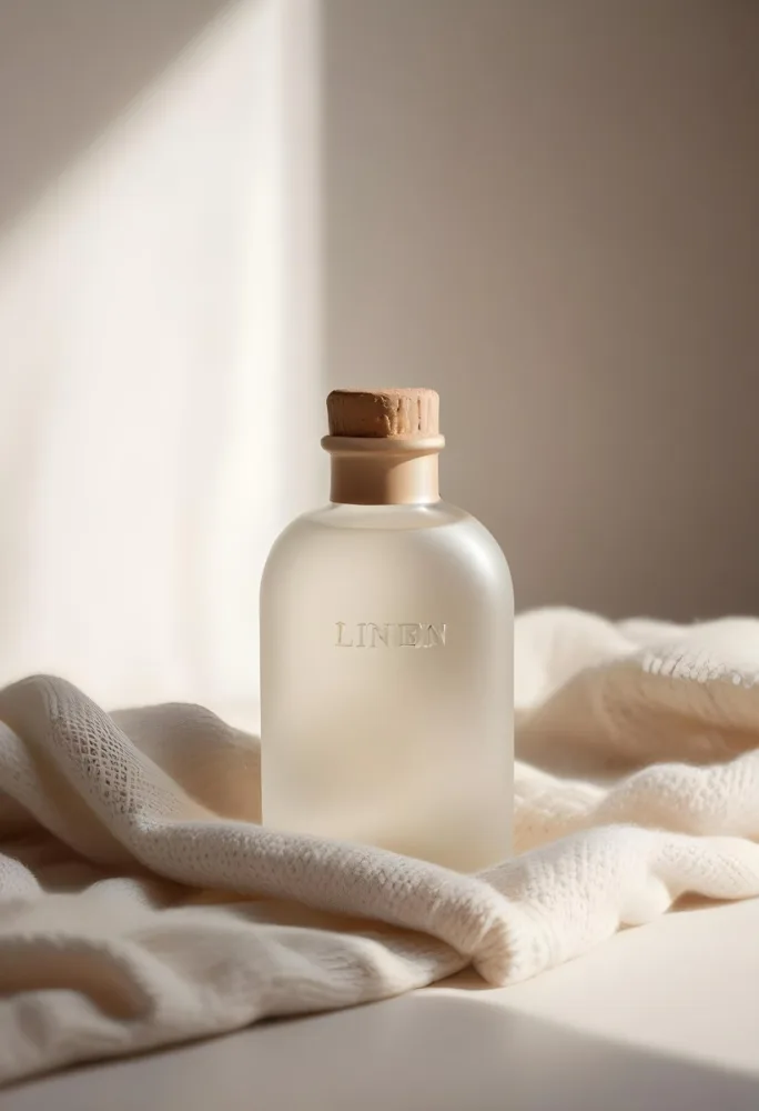 A Frosted Glass Bottle With A Glass Cap Labeled Linen Sitting On A White Knitted Fabric Soft Lighting Minimalist Aesthetic Neutral Color Palette Blurred Background 28 A1c4