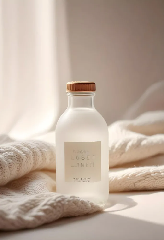 A Frosted Glass Bottle With A Glass Cap Labeled Linen Sitting On A White Knitted Fabric Soft Lighting Minimalist Aesthetic Neutral Color Palette Blurred Background 3 D2ac