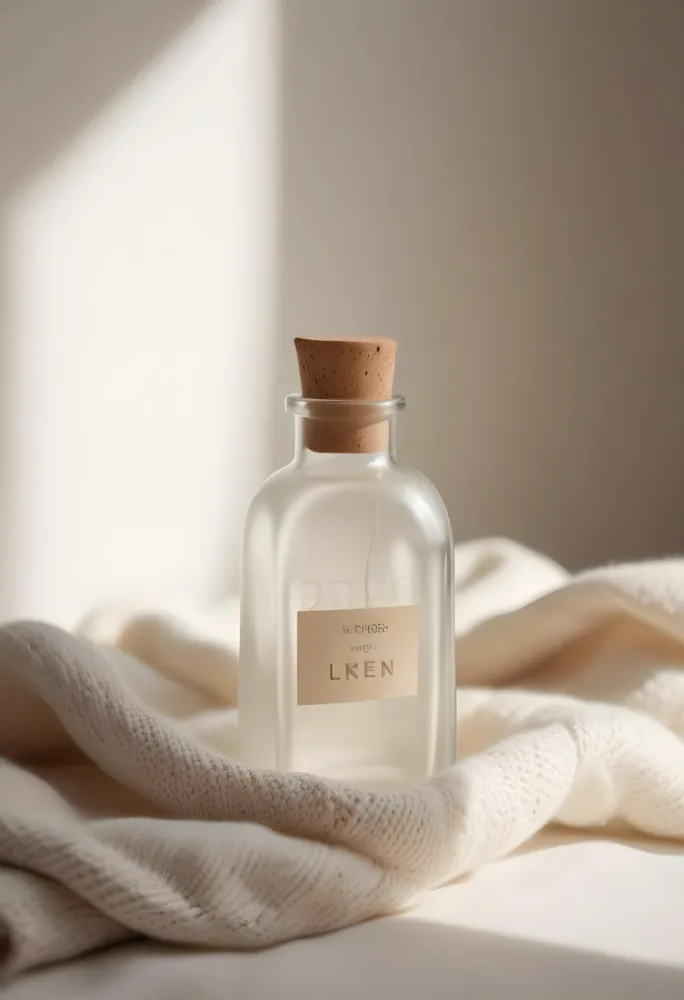 A Frosted Glass Bottle With A Glass Cap Labeled Linen Sitting On A White Knitted Fabric Soft Lighting Minimalist Aesthetic Neutral Color Palette Blurred Background 4 Ff50