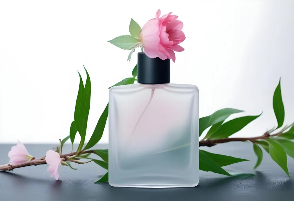 A Frosted Glass Perfume Bottle With A Pink Cap A Pink Flower On Top And Green Leaves Around It On A Glass Surface And Black Background 1 Fff8