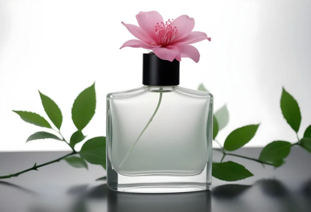 A Frosted Glass Perfume Bottle With A Pink Cap A Pink Flower On Top And Green Leaves Around It On A Glass Surface And Black Background 15 3b10