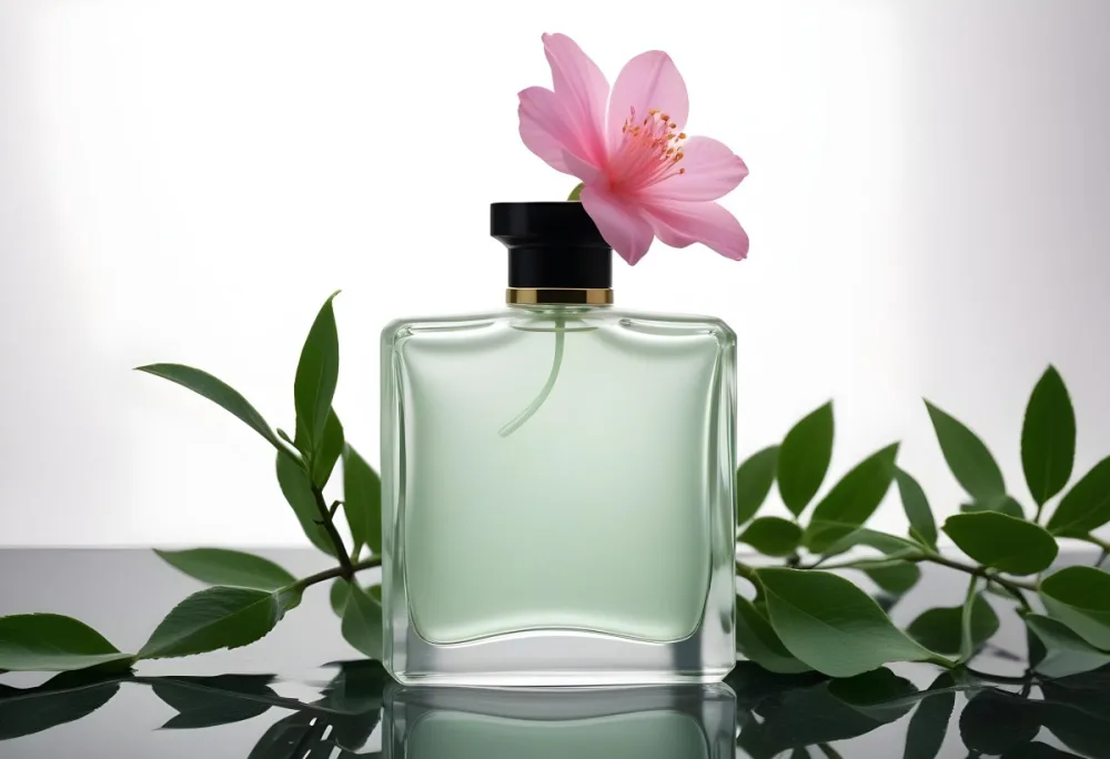 A Frosted Glass Perfume Bottle With A Pink Cap A Pink Flower On Top And Green Leaves Around It On A Glass Surface And Black Background 17 Fa02