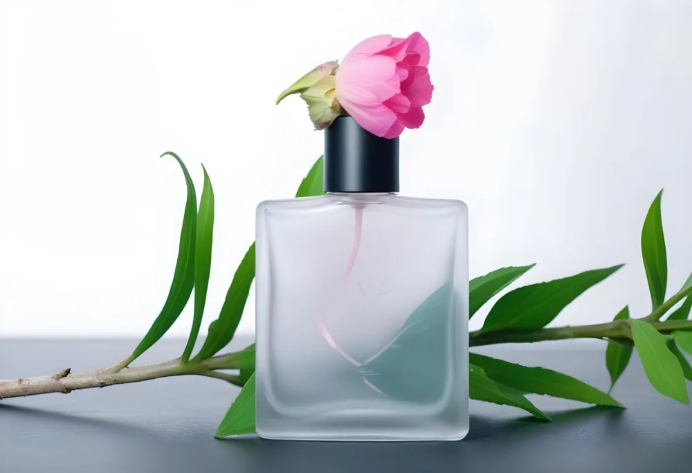 A Frosted Glass Perfume Bottle With A Pink Cap A Pink Flower On Top And Green Leaves Around It On A Glass Surface And Black Background 19 5951