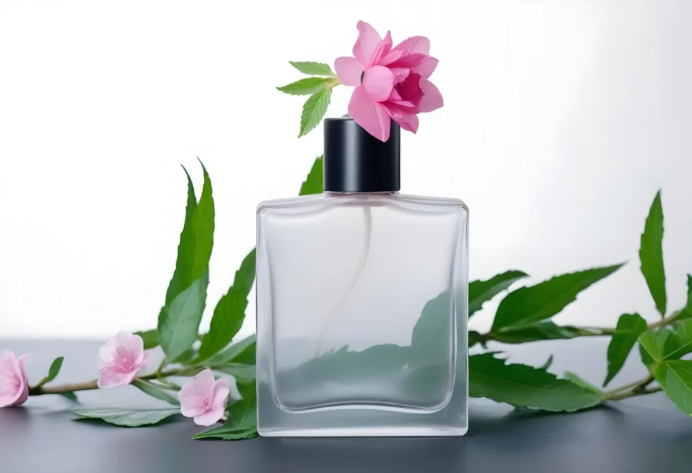 A Frosted Glass Perfume Bottle With A Pink Cap A Pink Flower On Top And Green Leaves Around It On A Glass Surface And Black Background 22 35c2