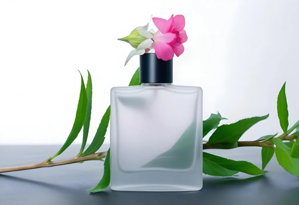A Frosted Glass Perfume Bottle With A Pink Cap A Pink Flower On Top And Green Leaves Around It On A Glass Surface And Black Background 23 713e