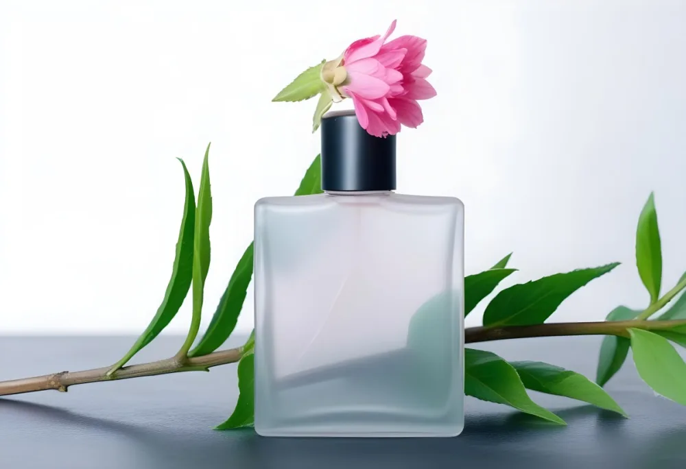 A Frosted Glass Perfume Bottle With A Pink Cap A Pink Flower On Top And Green Leaves Around It On A Glass Surface And Black Background 26 0337