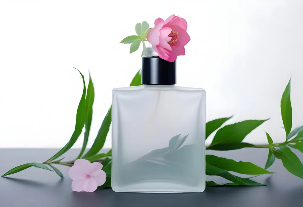 A Frosted Glass Perfume Bottle With A Pink Cap A Pink Flower On Top And Green Leaves Around It On A Glass Surface And Black Background 27 B45a