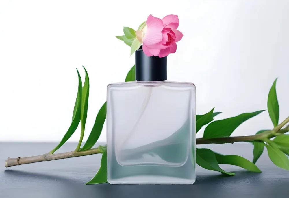 A Frosted Glass Perfume Bottle With A Pink Cap A Pink Flower On Top And Green Leaves Around It On A Glass Surface And Black Background 31 5839
