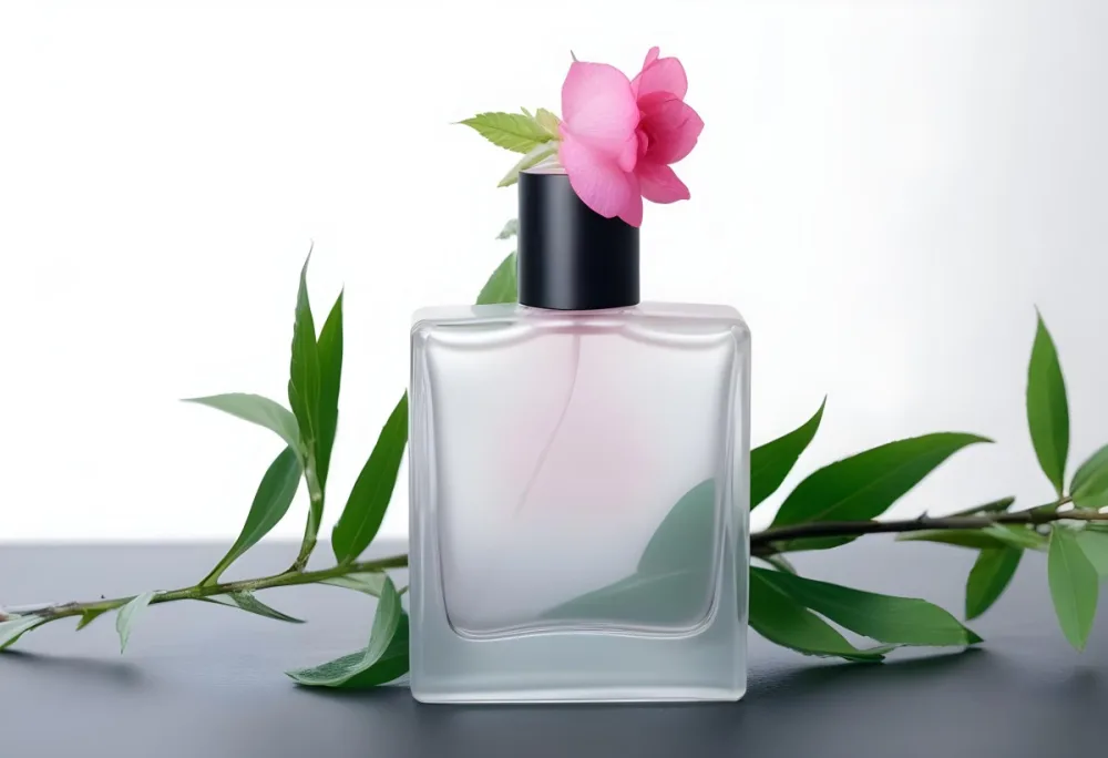 A Frosted Glass Perfume Bottle With A Pink Cap A Pink Flower On Top And Green Leaves Around It On A Glass Surface And Black Background 36 5b3c
