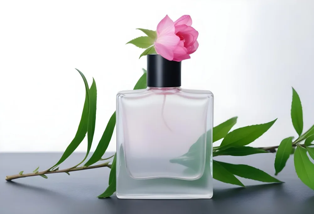 A Frosted Glass Perfume Bottle With A Pink Cap A Pink Flower On Top And Green Leaves Around It On A Glass Surface And Black Background 7 Fadf