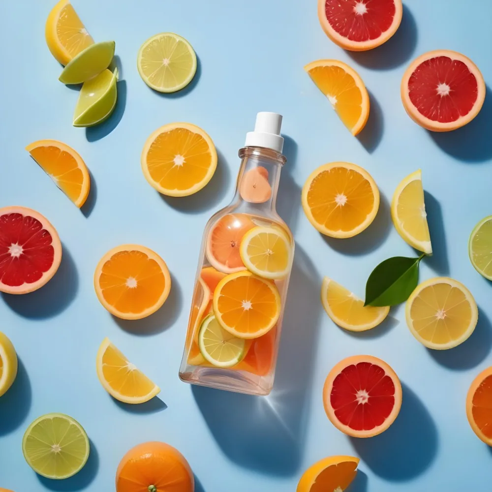 A Glass Bottle Filled With A Citrus Based Liquid Surrounded By Sliced Lemons Limes Oranges And Grapefruits On A Blue Background 3 4d57