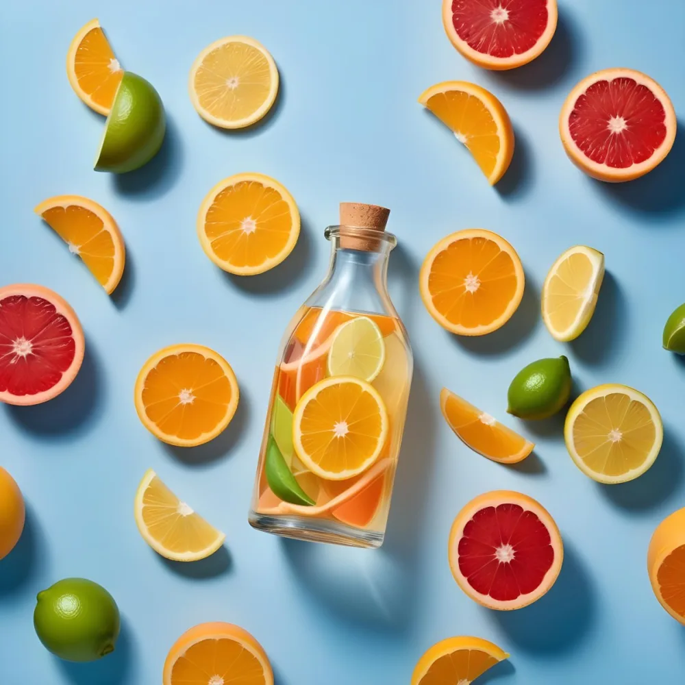 A Glass Bottle Filled With A Citrus Based Liquid Surrounded By Sliced Lemons Limes Oranges And Grapefruits On A Blue Background 4 3f25