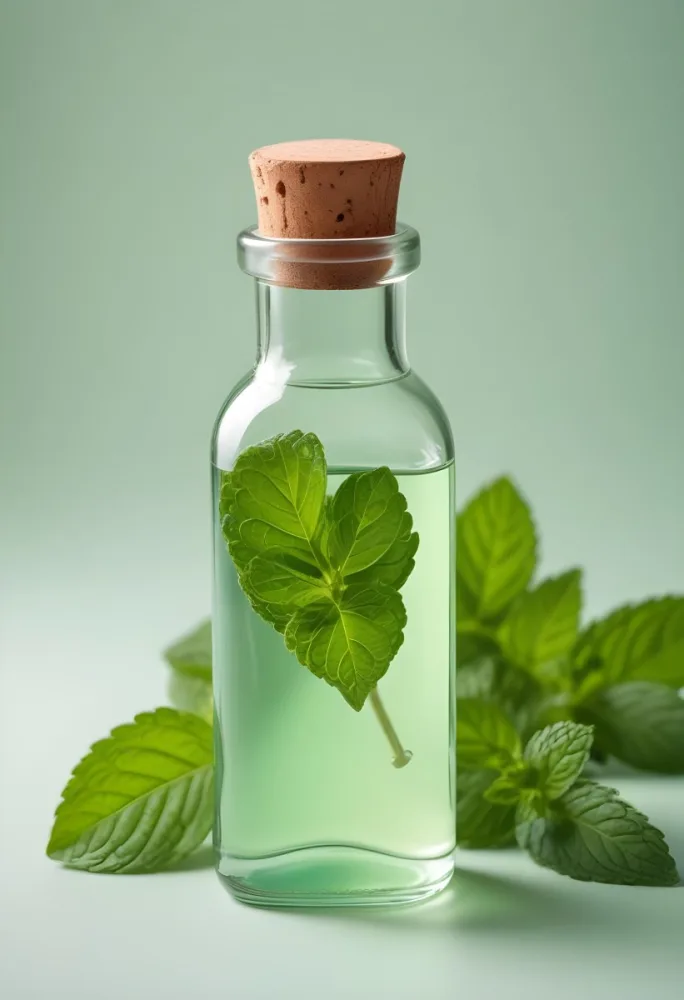 A Glass Bottle Filled With A Clear Green Liquid Likely Mint Or Peppermint Essential Oil With Fresh Mint Leaves Surrounding It On A Light Background 8 40a7