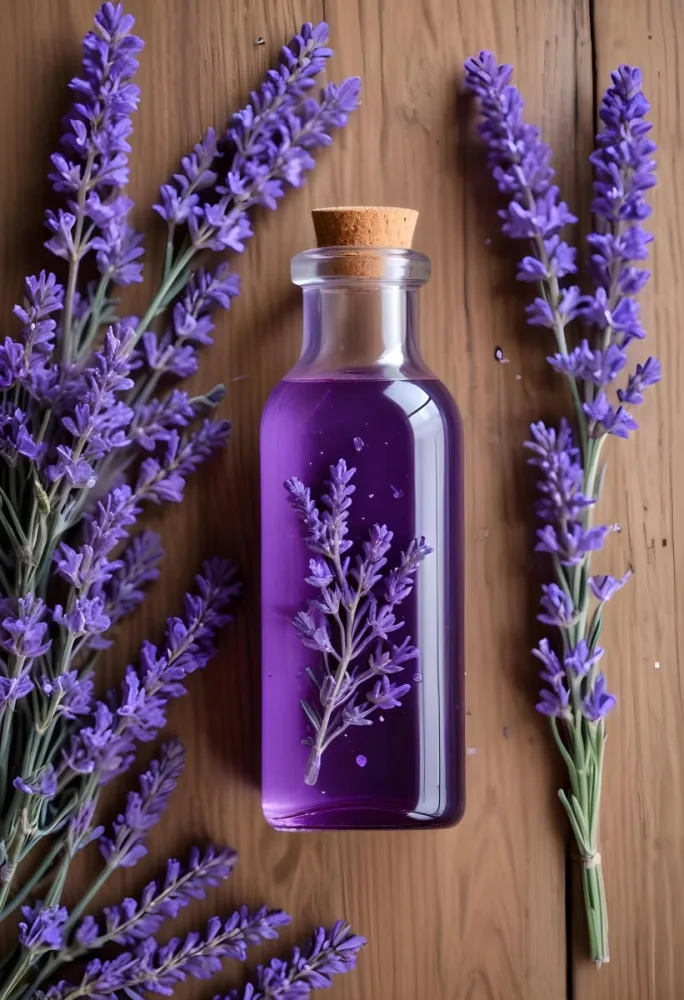 A Glass Bottle Filled With A Purple Liquid Surrounded By Fresh Lavender Flowers On A Wooden Surface 13 E7d5
