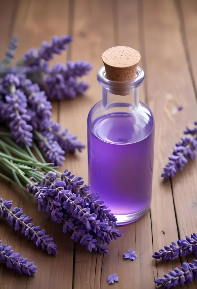 A Glass Bottle Filled With A Purple Liquid Surrounded By Fresh Lavender Flowers On A Wooden Surface 2 3a98