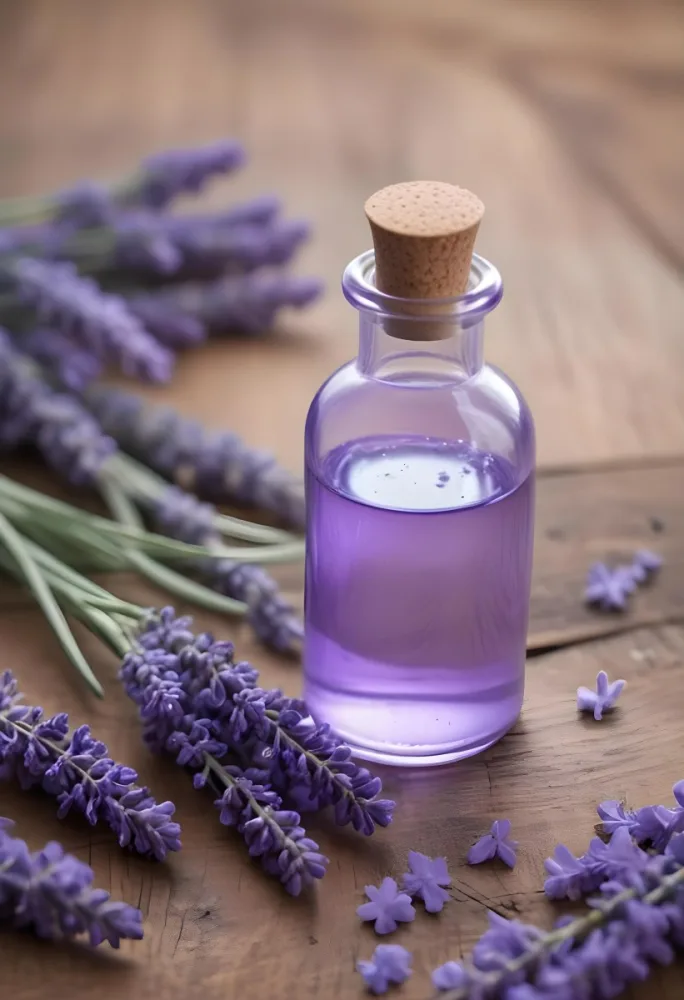 A Glass Bottle Filled With A Purple Liquid Surrounded By Fresh Lavender Flowers On A Wooden Surface 3 Dd15