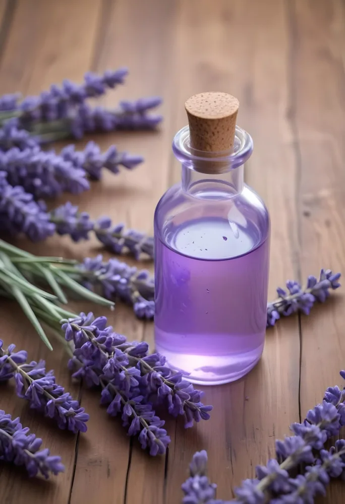 A Glass Bottle Filled With A Purple Liquid Surrounded By Fresh Lavender Flowers On A Wooden Surface 7 D1b4