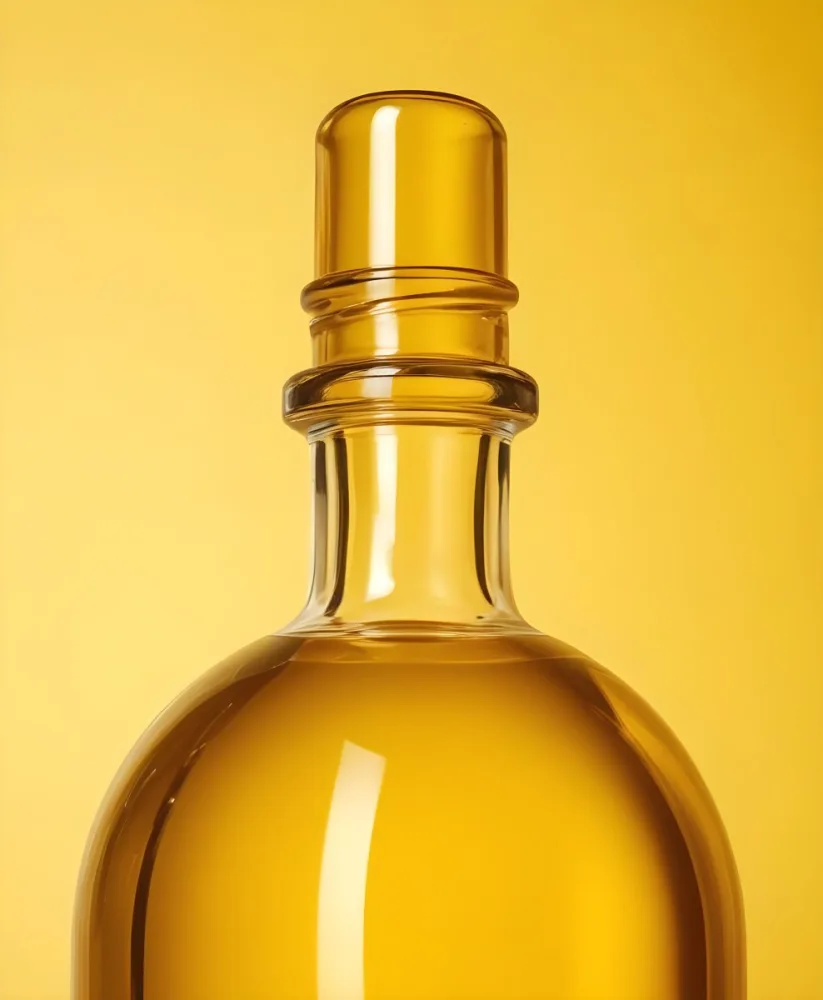 A Glass Bottle Filled With Golden Colored Olive Oil Against A Bright Yellow Background 2