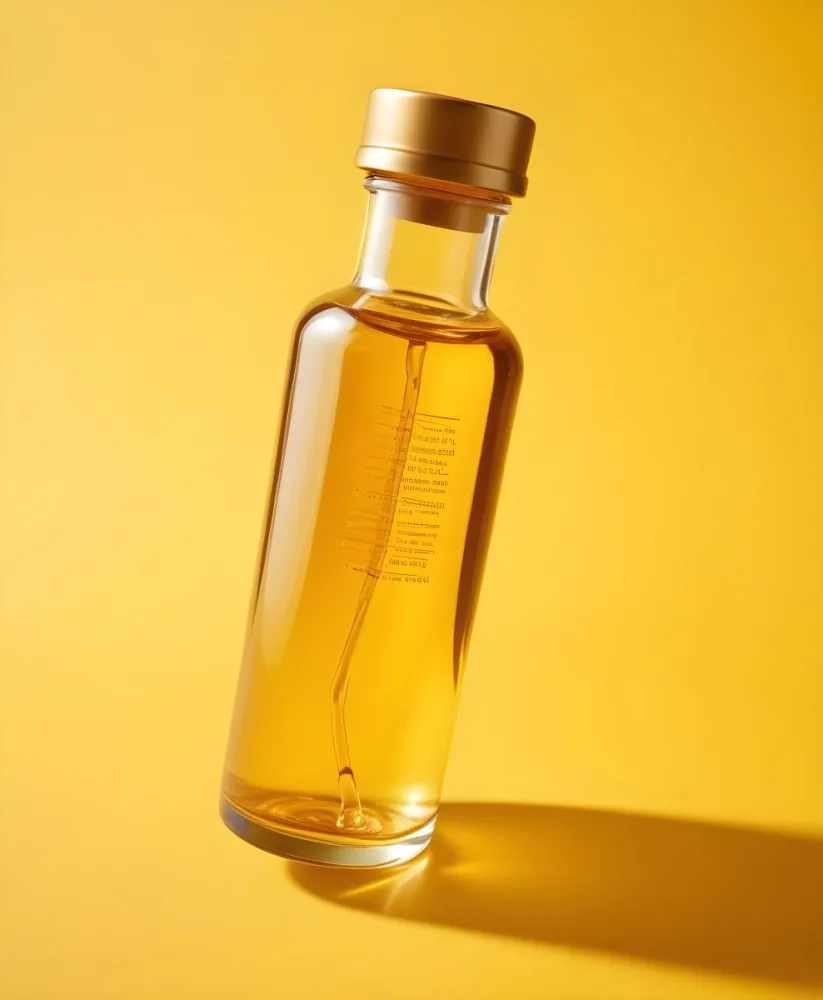 A Glass Bottle Filled With Golden Colored Olive Oil Against A Bright Yellow Background 7 4246