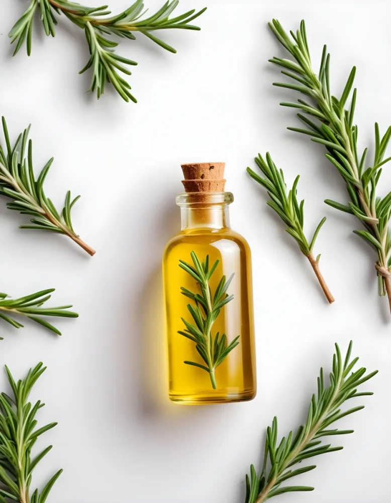 A Glass Bottle Filled With Yellow Essential Oil Surrounded By Sprigs Of Rosemary On A White Background 1 Ed05