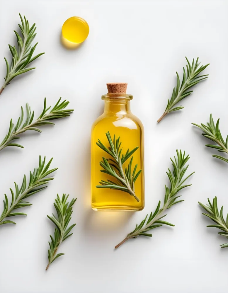 A Glass Bottle Filled With Yellow Essential Oil Surrounded By Sprigs Of Rosemary On A White Background 10 C694