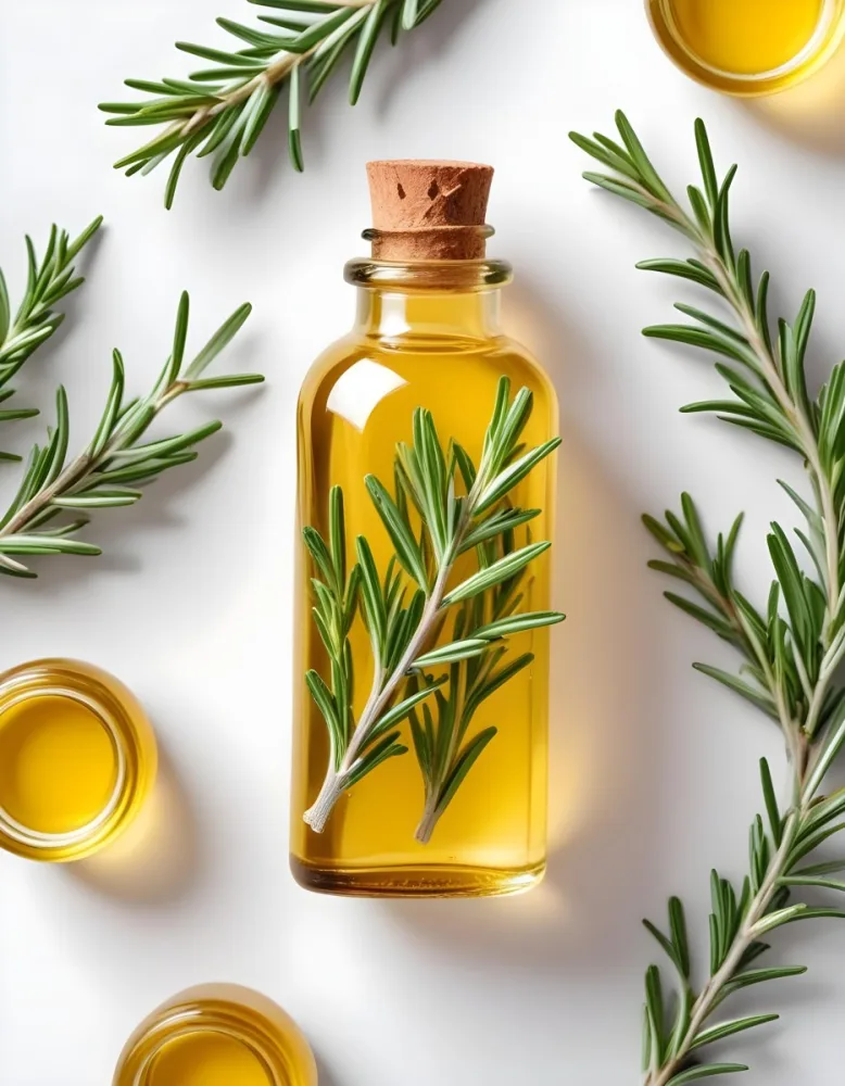 A Glass Bottle Filled With Yellow Essential Oil Surrounded By Sprigs Of Rosemary On A White Background 14 E5d1