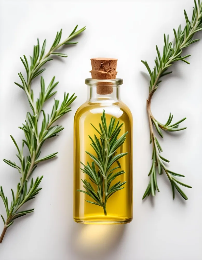 A Glass Bottle Filled With Yellow Essential Oil Surrounded By Sprigs Of Rosemary On A White Background 18 A322