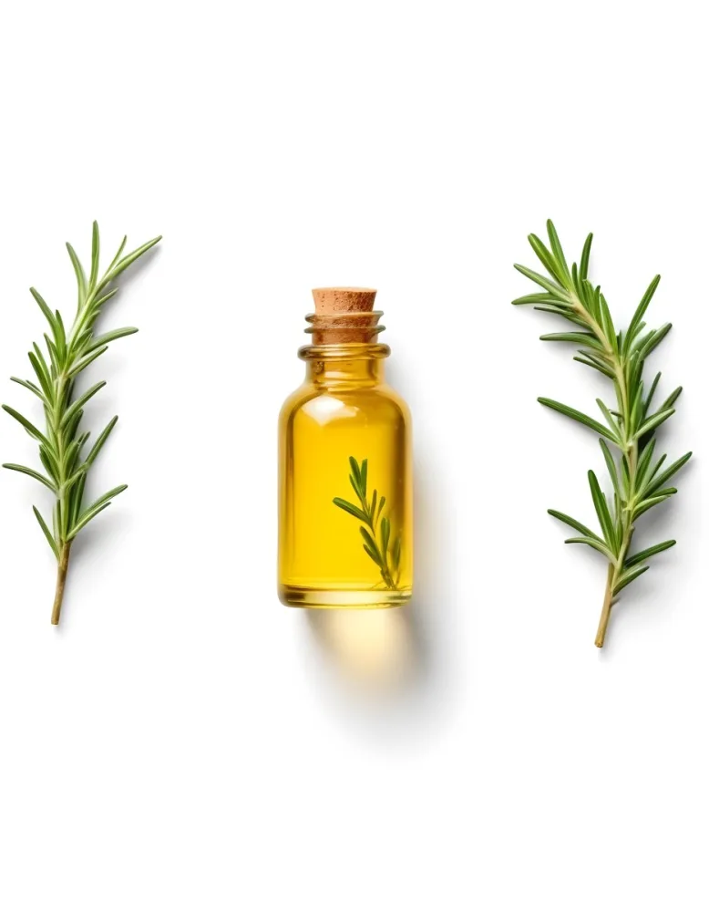 A Glass Bottle Filled With Yellow Essential Oil Surrounded By Sprigs Of Rosemary On A White Background 19 3f4a