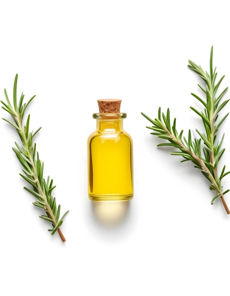 A Glass Bottle Filled With Yellow Essential Oil Surrounded By Sprigs Of Rosemary On A White Background 22 Fcf4